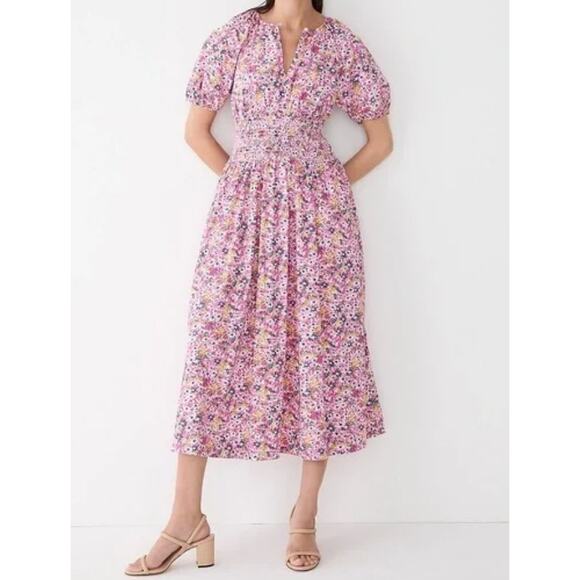 NWT J. Crew Tall Small Puff Sleeve Smocked Waist Midi Dress Pink Floral Fields - Picture 1 of 11